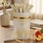 Gaia Naturelle E11xir Drink pouch filled with single-serve sachets next to fresh peach slices, a glass, and product features card on a wooden table.