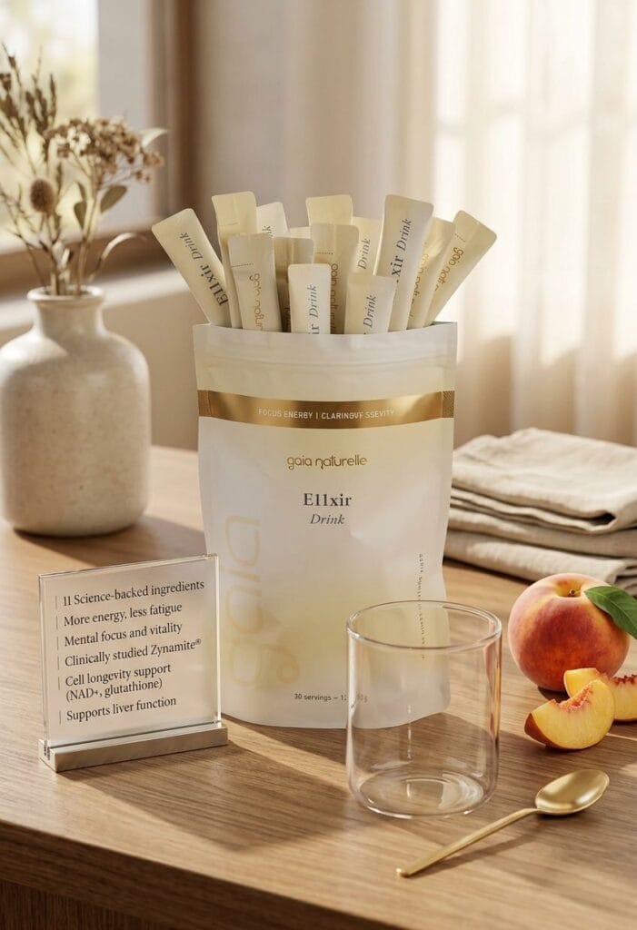 Gaia Naturelle E11xir Drink pouch filled with single-serve sachets next to fresh peach slices, a glass, and product features card on a wooden table.