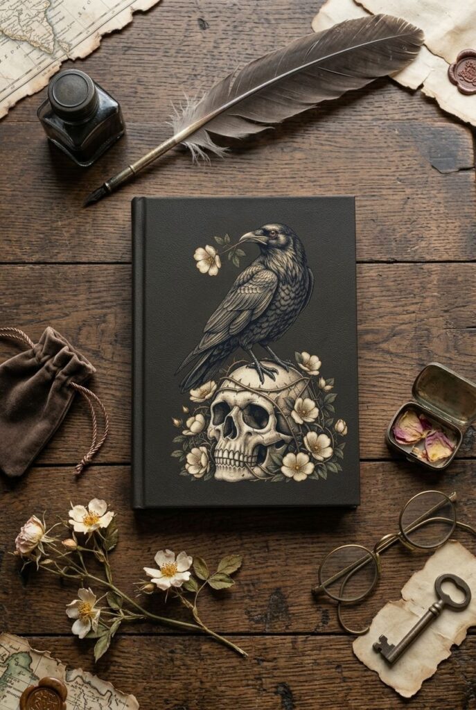 Gothic raven perched on a skull with thorny roses hardcover journal on a dark vintage wooden desk