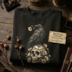 Gothic raven perched on a weathered skull with thorny roses printed on a black sweatshirt mockup