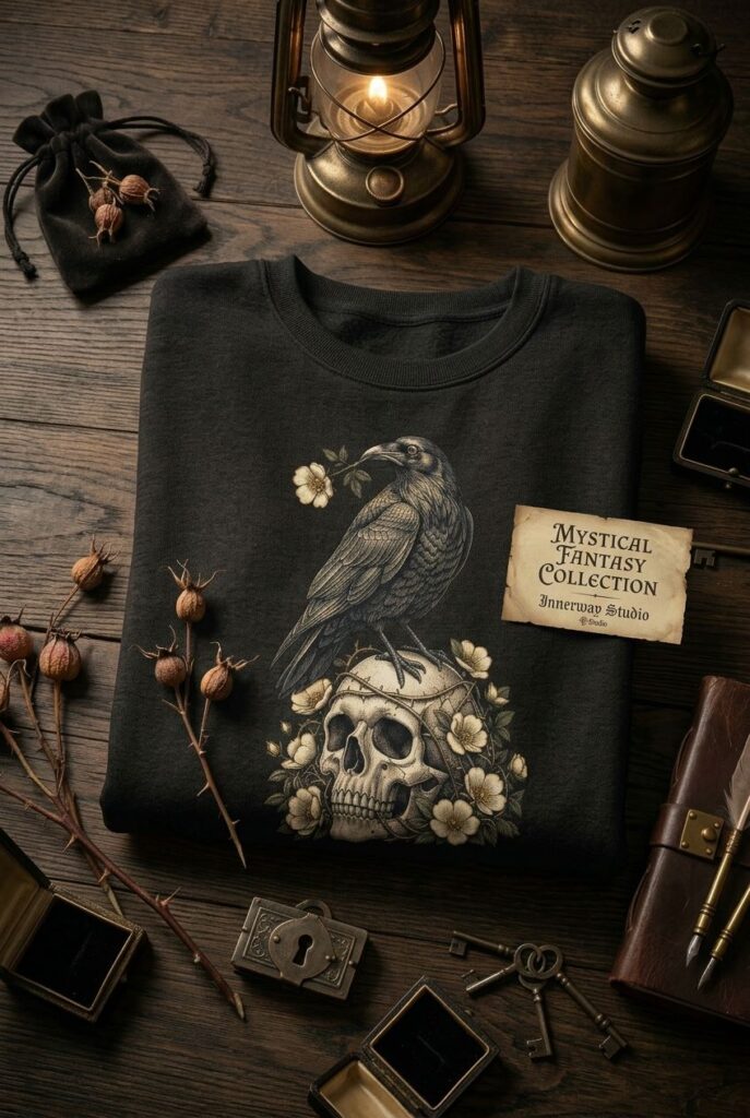 Gothic raven perched on a weathered skull with thorny roses printed on a black sweatshirt mockup