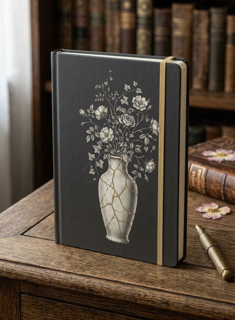 Kintsugi ceramic vase with wild roses hardcover notebook mockup on wooden desk