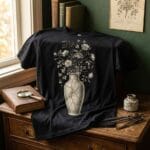 Kintsugi ceramic vase with wild roses dark academia t-shirt mockup on vintage wooden table