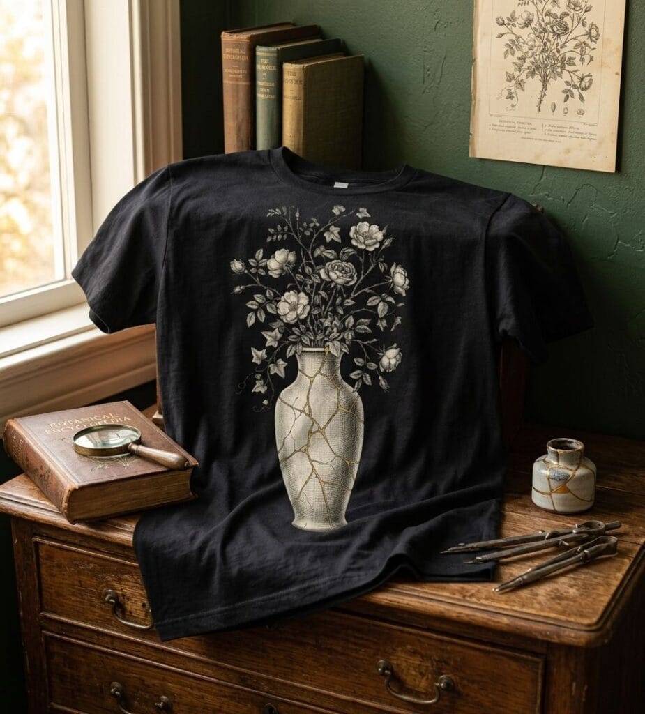 Kintsugi ceramic vase with wild roses dark academia t-shirt mockup on vintage wooden table
