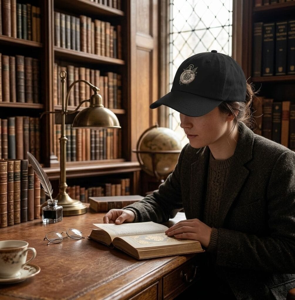 Black baseball cap featuring a detailed Kintsugi pocket watch with botanical fern engraving in a Dark Academia aesthetic.