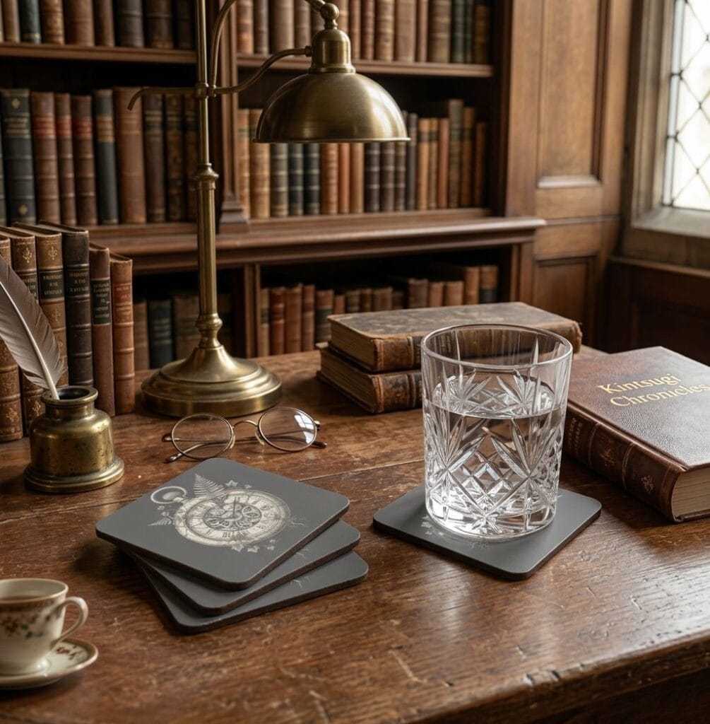 Square dark grey drink coasters featuring a detailed Kintsugi pocket watch and botanical fern engraving on a vintage wooden desk.