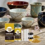 Kintsugi ceramic repair kit with gold powder adhesive and tools mockup