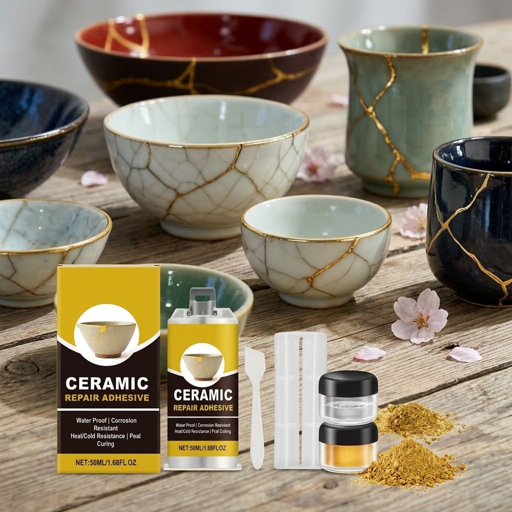 Kintsugi ceramic repair kit with gold powder adhesive and tools mockup