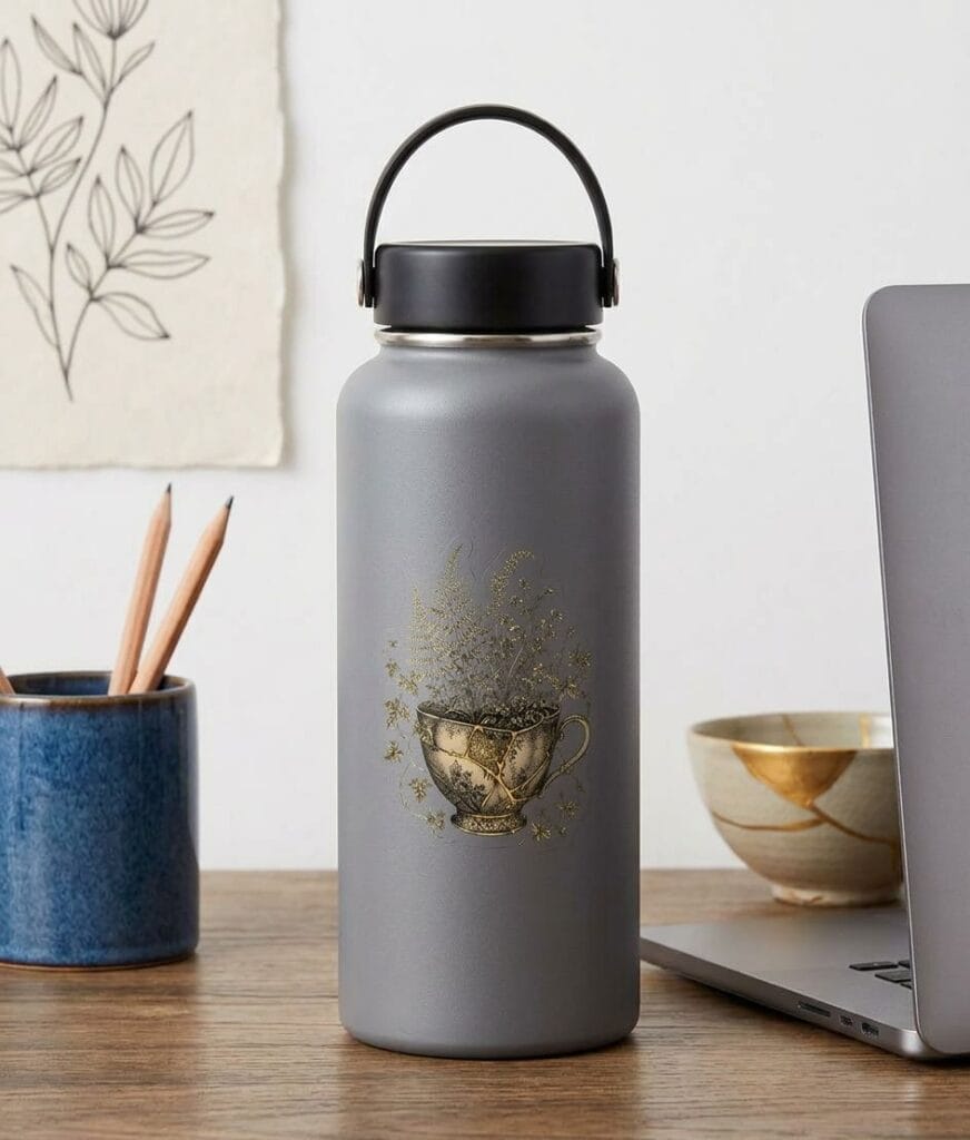 Kintsugi Teacup Repair Over Replace Wild Ferns sticker on grey water bottle mockup