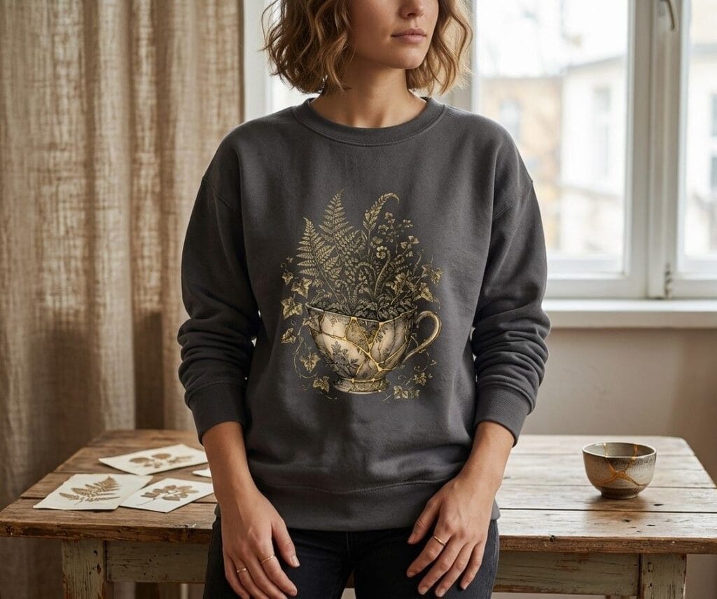 Kintsugi Teacup Repair Over Replace Wild Ferns dark grey sweatshirt mockup