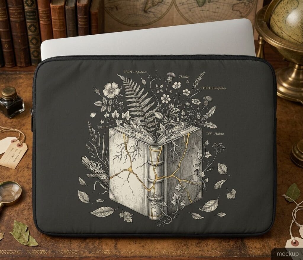 Vintage dark academia woodcut illustration of an ancient journal with gold kintsugi cracks and blooming botanical plants printed on a dark grey laptop sleeve.