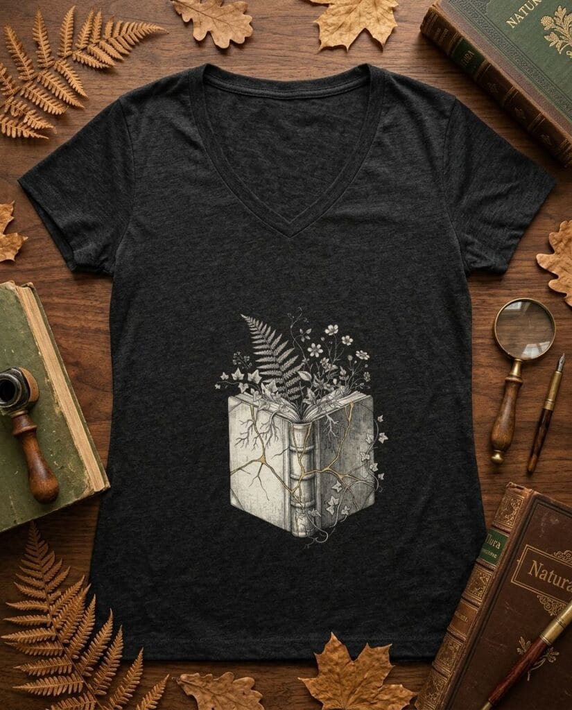 Dark heather grey v-neck t-shirt featuring a vintage dark academia woodcut illustration of an ancient book with gold kintsugi cracks and blooming ferns.