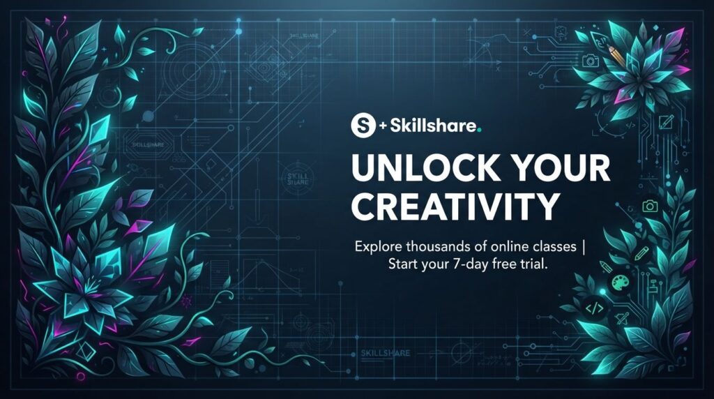 Skillshare banner featuring futuristic cyan blueprint graphics and organic botanical details for online design, art, and creative courses.