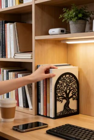Black metal tree of life bookend holding books on a wooden desk shelf